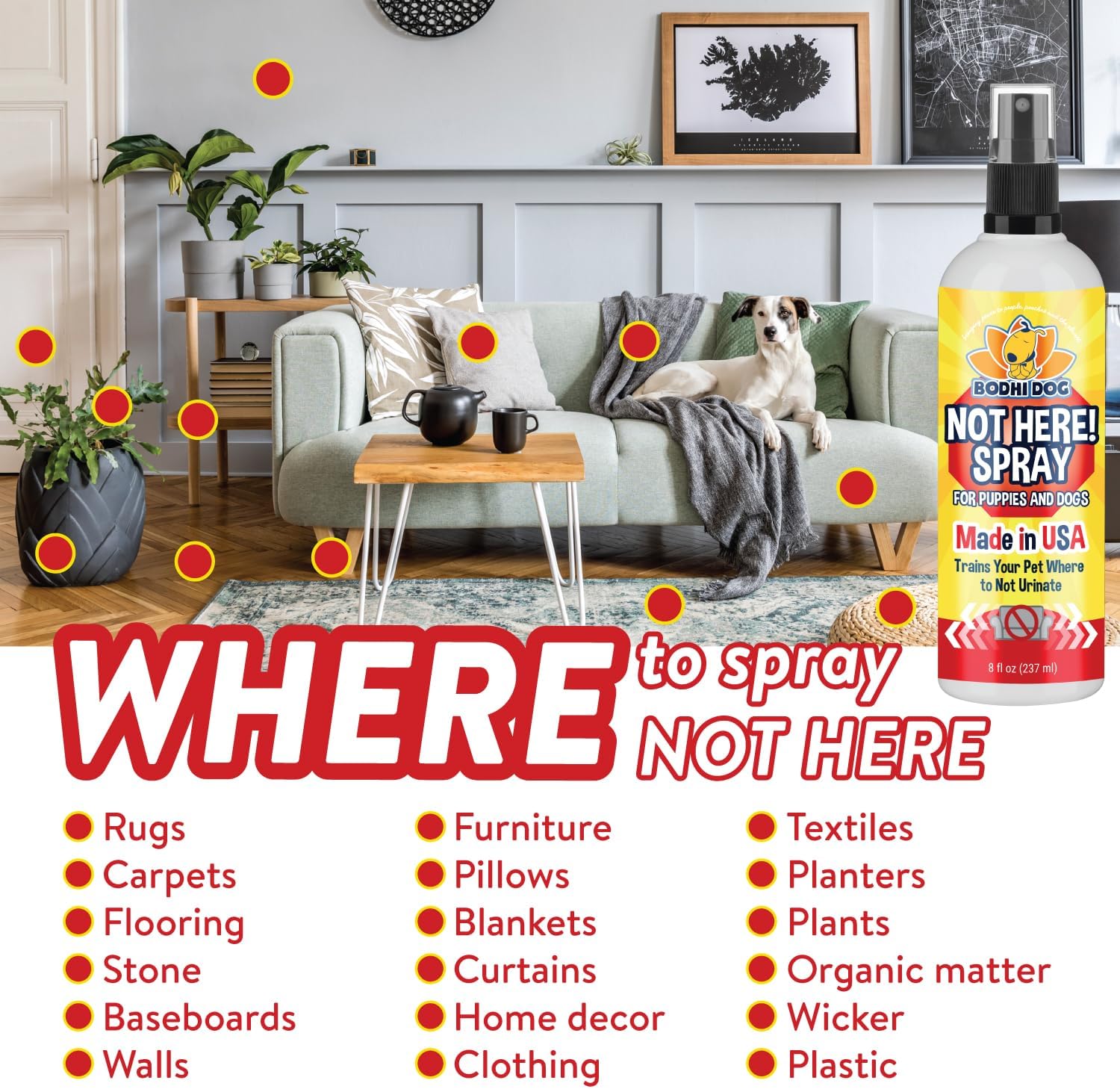 Bodhi Dog Not Here Spray - Trains Pets Where Not To Pee - Dog & Puppy Potty Training Spray to Stop Marking & Urinating Indoors or Outdoors - Safe for Furniture, Carpet & Floors - Made in USA (8 Fl Oz)