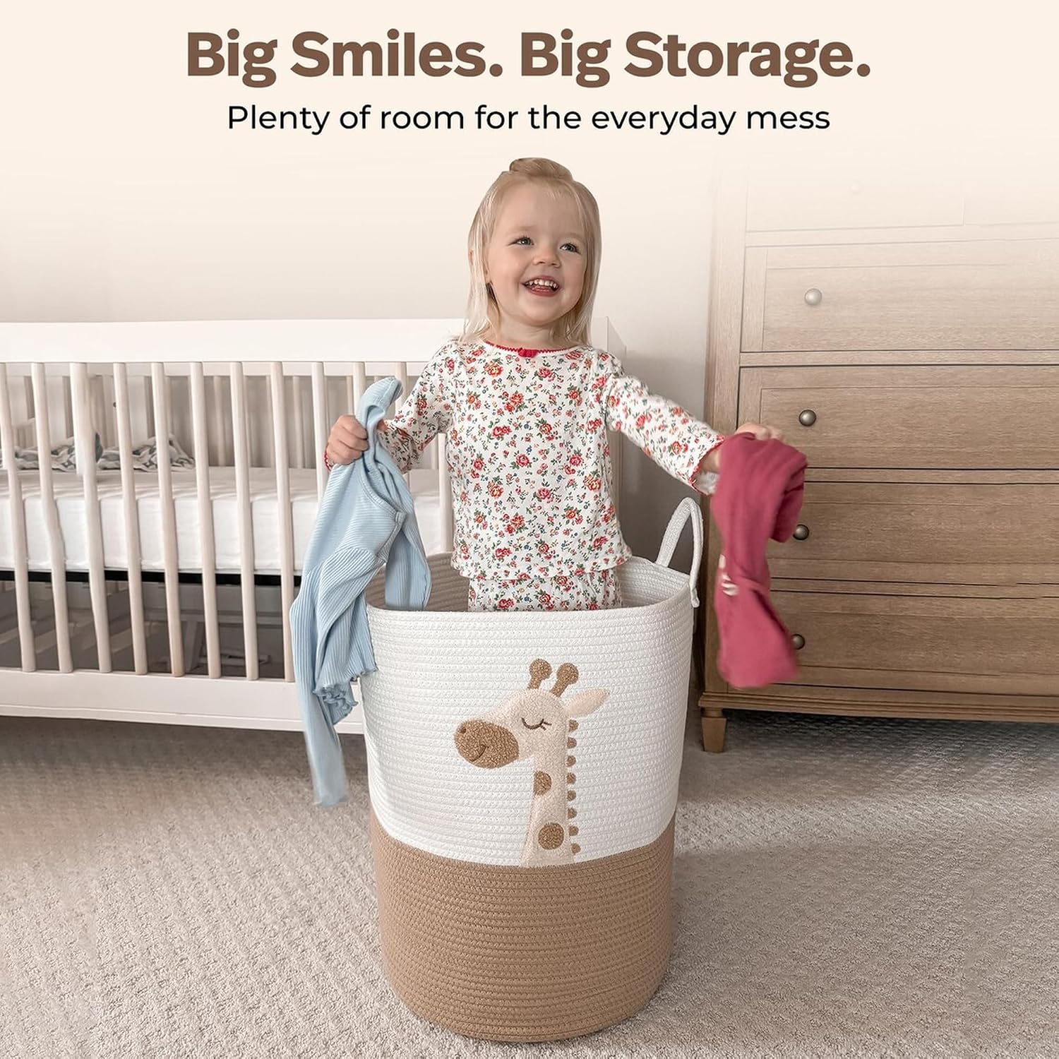 Giraffe Baby Laundry Basket, Tall Woven Rope Nursery Hamper, 20x15 in