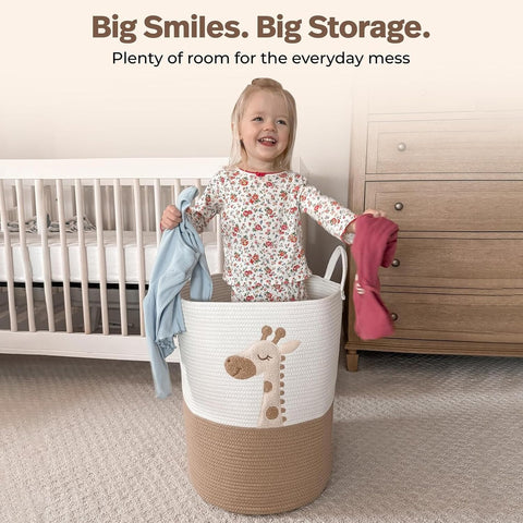 Giraffe Baby Laundry Basket, Tall Woven Rope Nursery Hamper, 20x15 in