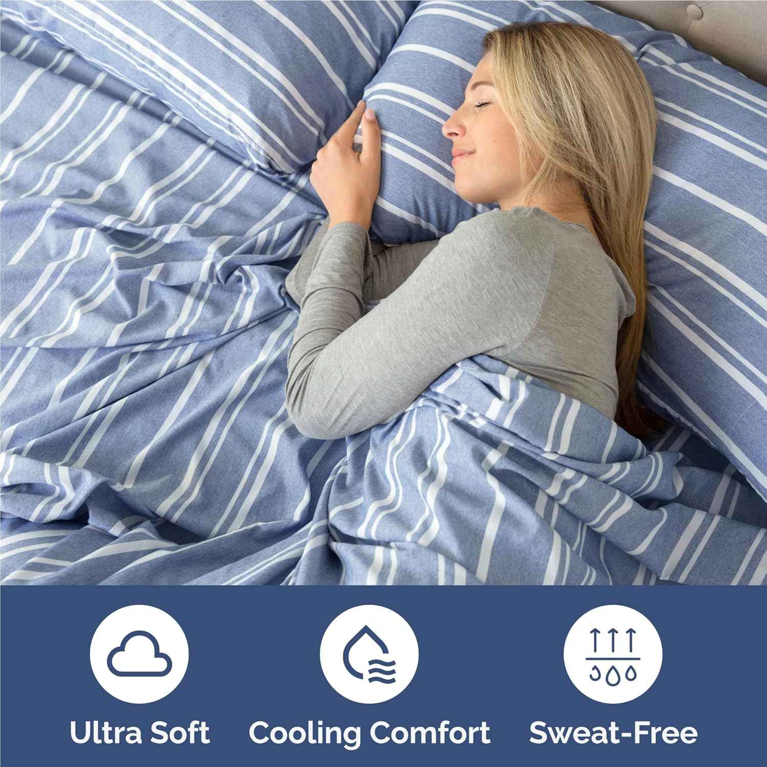 Full Size 4 Piece Sheet Set - Breathable & Cooling Sheets - Blue Stripes