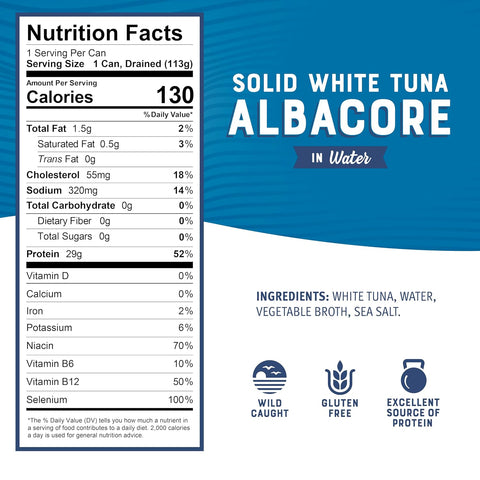 Bumble Bee Solid White Albacore Tuna in Water, 5 oz (Pack of 24) | Wild Caught Tuna, 29g Protein per Can, High in Omega-3s, Non-GMO, Gluten Free, Kosher