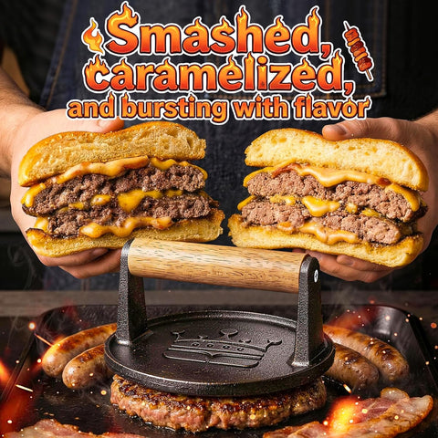 Smash Burger Press 6.5",Cast Iron Flat Round Burger Smasher, Gift