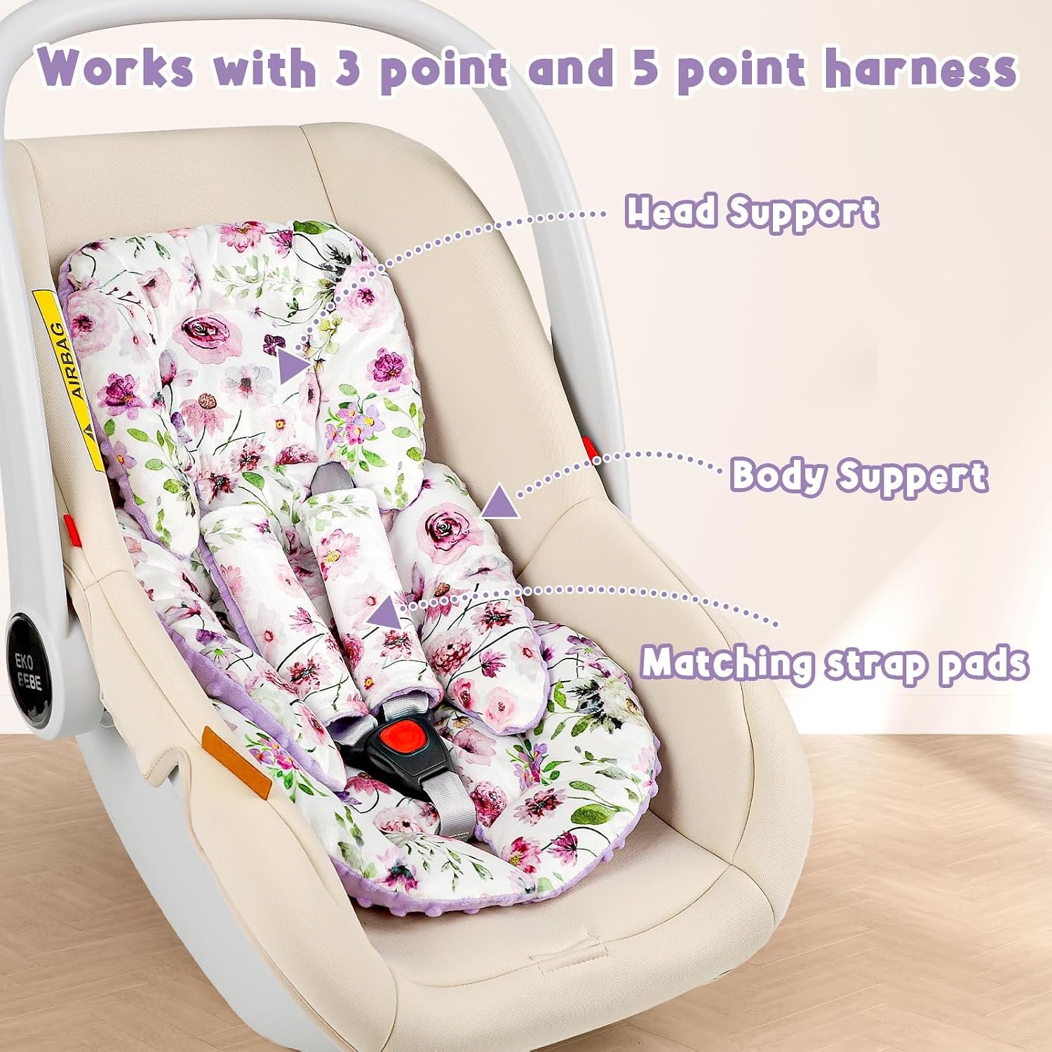 GFU Infant Car Seat Insert Head and Body Support with 2 Strap Pads Purple