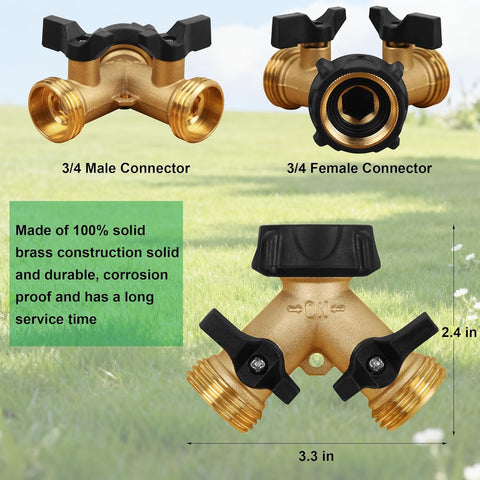 Biswing Garden Hose Splitter 2 Way, Heavy Duty Brass Connector Tap Splitter, Y Splitter 2 Valves with 2 Extra Rubber Washers