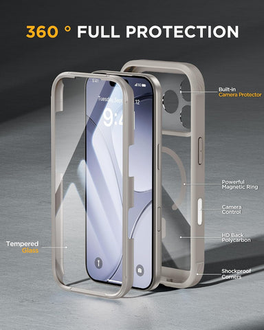 Miracase Magnetic for iPhone 17 Pro Case 6.3" [Compatible with MagSafe] Full-Body Phone Case with Built-in Glass Screen Protector & Camera Control,Drop Proof iPhone 17 Pro Cover, Grey Titanium