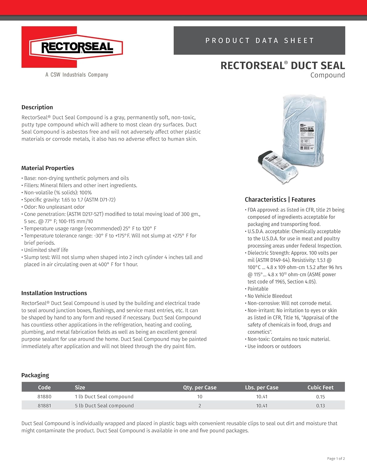 RectorSeal Duct Seal 81880 Compound, Easily Applied to Plumbing & Metal Fabrication, Paintable General Purpose Sealant, 1 lb
