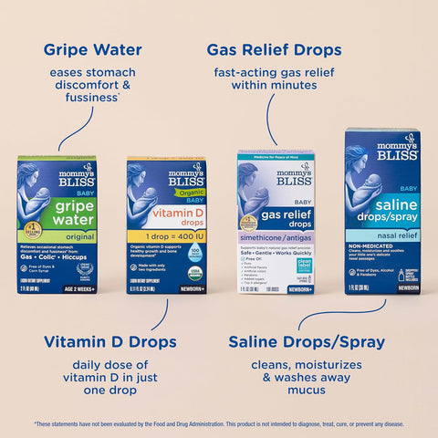 Mommy's Bliss 4-Piece Newborn and Baby Essentials Kit - with Gripe Water, Gas Relief Drops, Vitamin D 400IU, and Saline Drops/Spray - The Perfect Baby Gift.