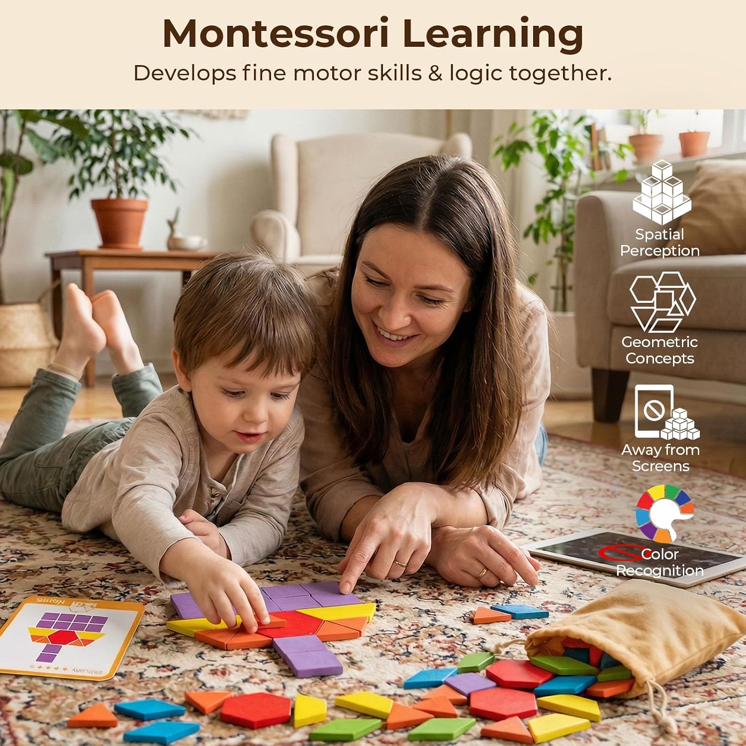 LovesTown 209 PCS Shapes Wooden Pattern Blocks for Kids