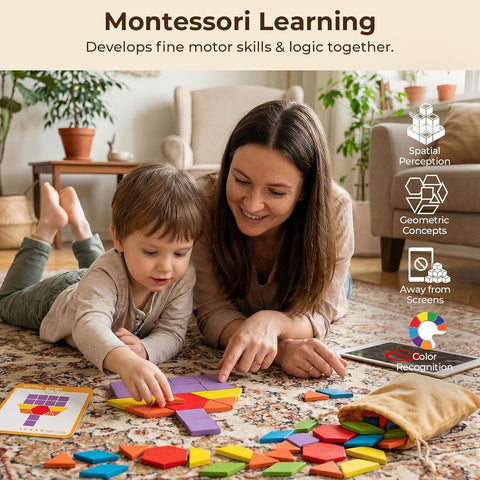 LovesTown 209 PCS Shapes Wooden Pattern Blocks for Kids