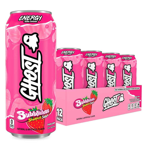 GHOST Energy Drink, Zero Sugars, 12-Pack - Bubblicious Strawberry Splash