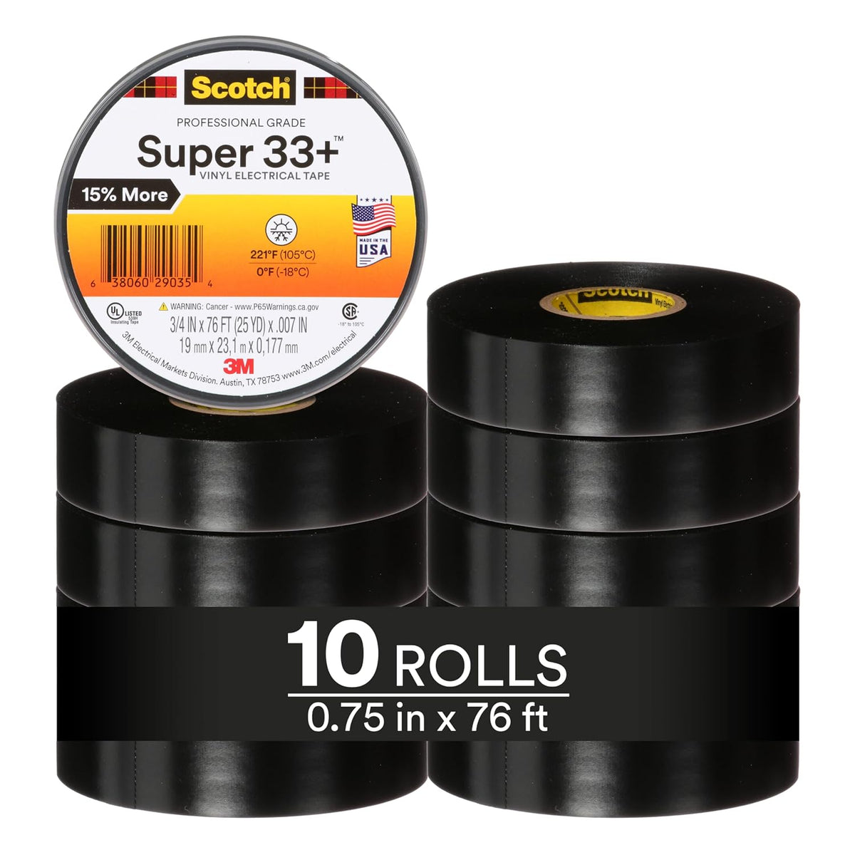 3M Scotch Super 33+ Electrical Tape, 3/4 in x 76 ft, 10 Rolls, Black