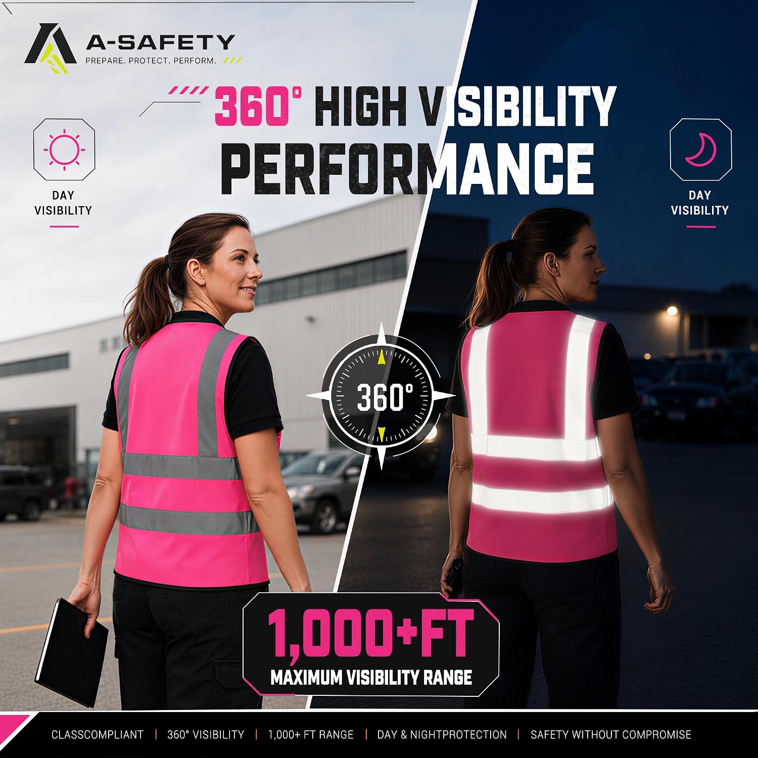 A-SAFETY High Visibility Reflective Vest with Multi-Color, Zipper, Pink, S