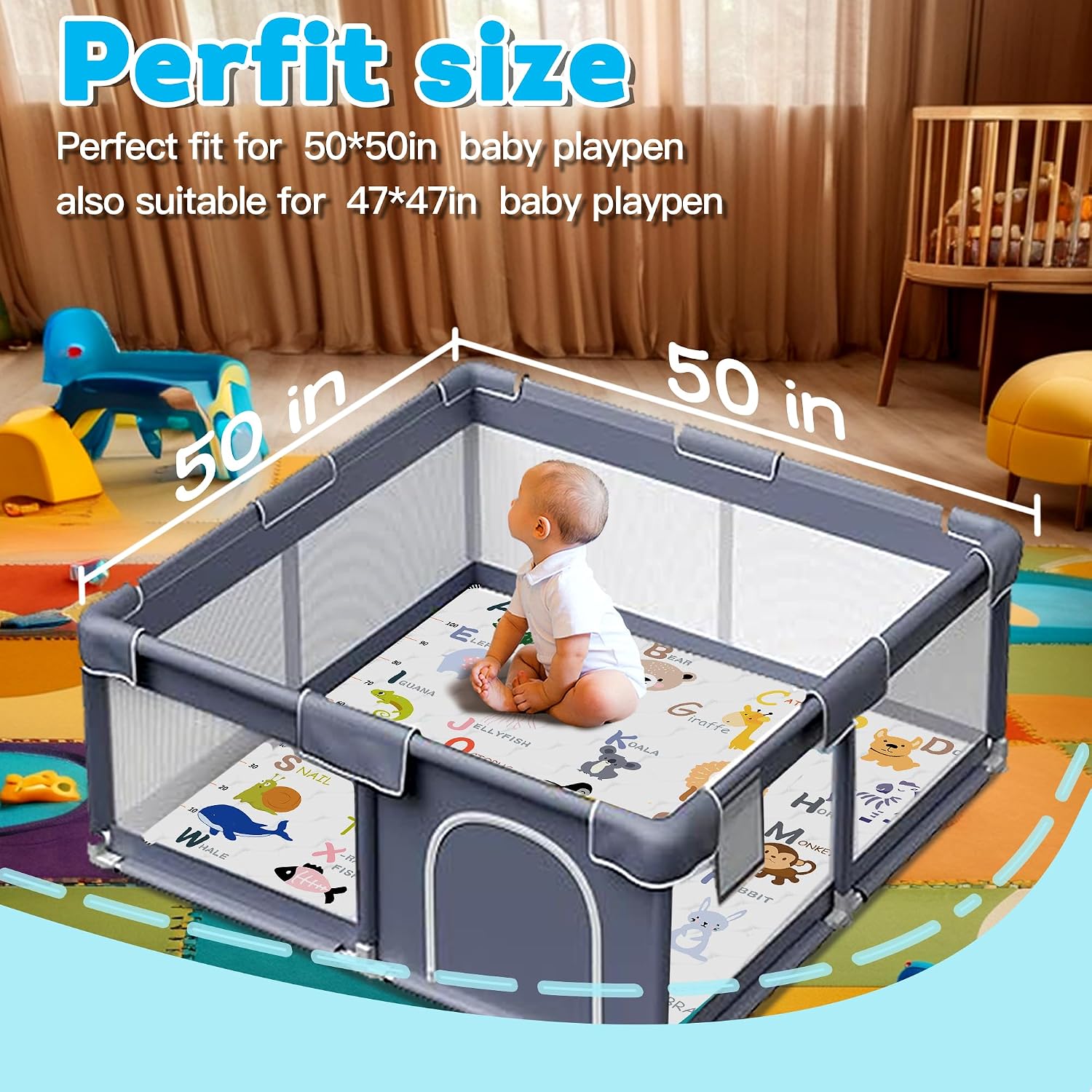 Baby Play Mat, Thick & Soft 50" X 50" Playpen mat (Animal Alphabet-A)