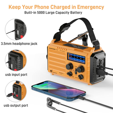 Emergency Radio with NOAA Weather Alert, Portable Solar Hand Crank AM/FM Radio for Survival,Rechargeable Battery Powered Radio,USB Charger,Flashlight,Reading Lamp,for Home Outdoor