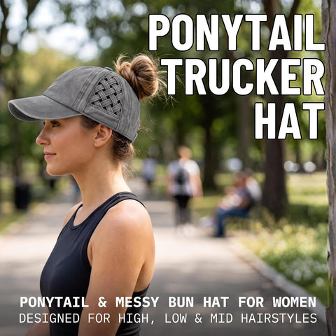 Funky Junque Criss Cross Ponytail Cap, Messy Bun Distressed Baseball Hat
