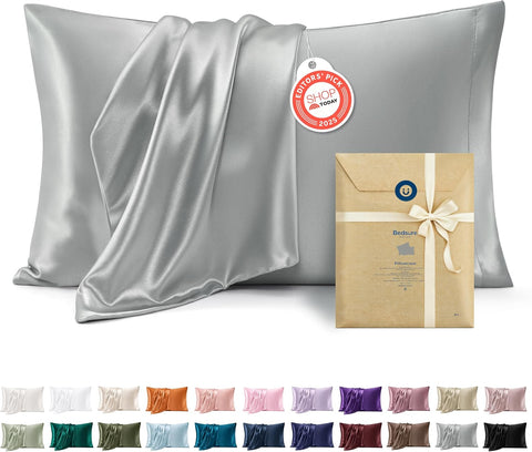 Bedsure Satin Pillowcase, Similar to Silk Pillow Cases Queen Size Set of 2, Cooling Pillow Case Covers with Envelope Closure, Room Decor Gifts for Women Men, Silver Grey, 20x30 Inches, 2pcs