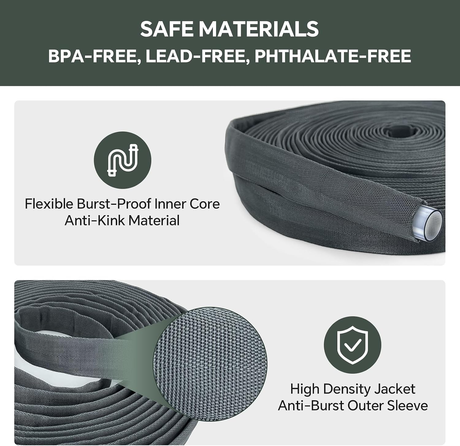 Garden Hose 50ft, Made of TPU(Not PVC), Ultra-Light & Flexible Water Hose, Non-Shrinking, Easy to Store, Drinking Water Safe Material, All-weather, Black&Gray