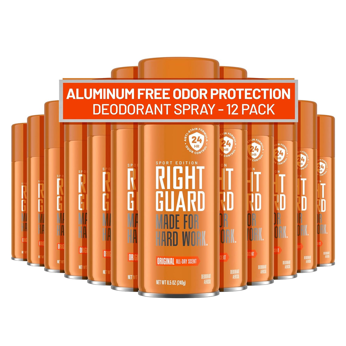 Right Guard Sport Original Scent Deodorant Spray - Aluminum Free Spray Deodorant for Men, 24-Hour Odor Protection, Anti-Stain, & Long-Lasting, 8.5 oz (12 Pack)