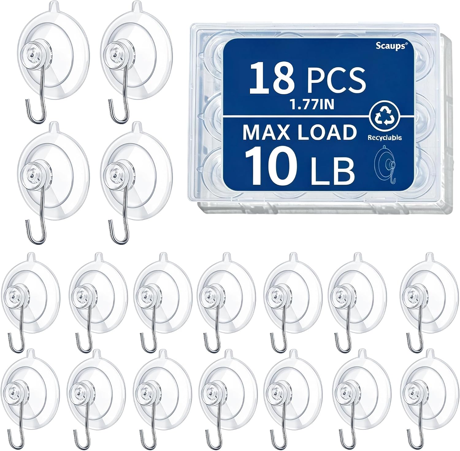 18 Pack Suction Cup Hooks Max Load 10LB, 1.77Inch Suction Cup Hook for Glass Window, Reusable, Suitable for Glass, Windows, Bathrooms, Kitchens, Tiles, Shower Cubicles