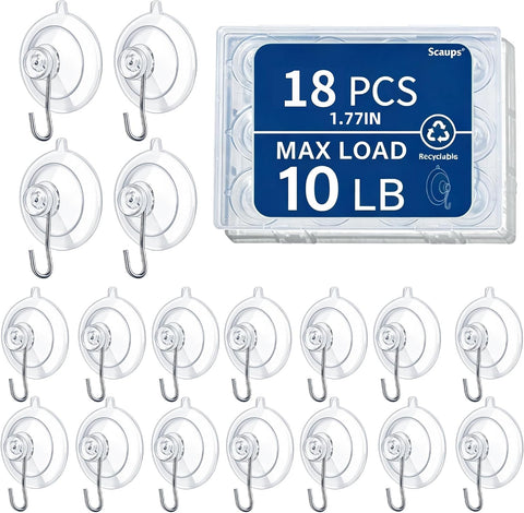 18 Pack Suction Cup Hooks Max Load 10LB, 1.77Inch Suction Cup Hook for Glass Window, Reusable, Suitable for Glass, Windows, Bathrooms, Kitchens, Tiles, Shower Cubicles