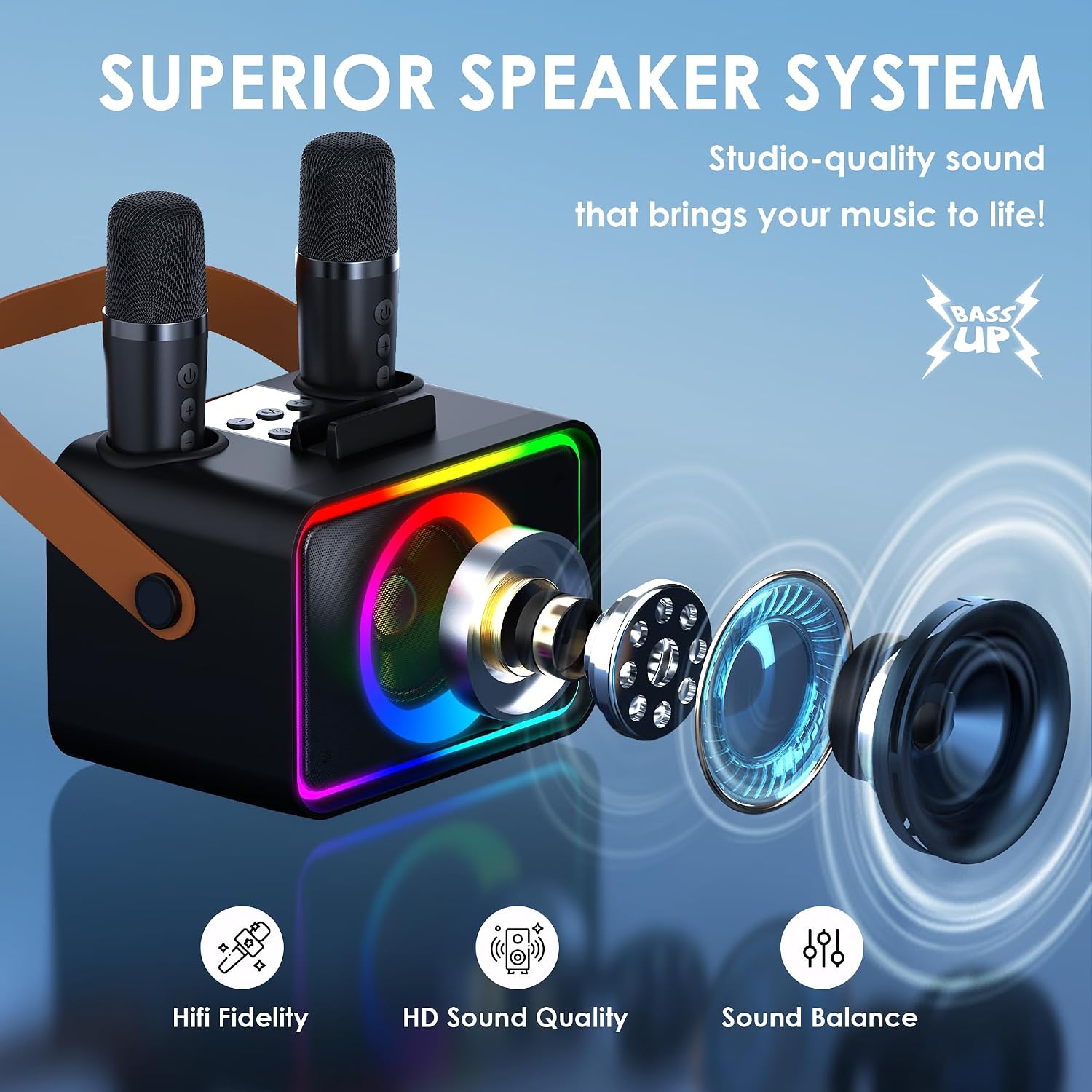 Karaoke Machine for Kids Adults,Portable Bluetooth Speaker with 2 Wireless Microphone with LED Lights, Karaoke Microphone with PA System Supports USB/TF/AUX,Gift for Party (Black)