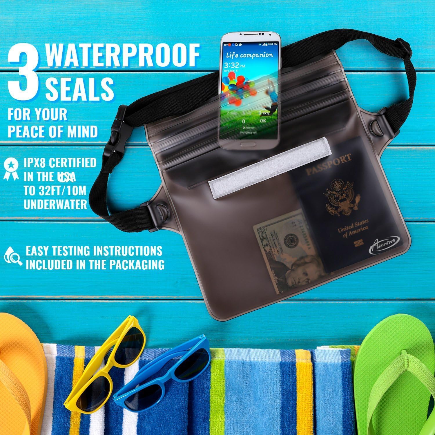 AiRunTech Waterproof Fanny Pack,Phone Pouch Dry Bag for Passport Wallet Purse,Floating Waterproof Bags for Travel Beach Swimming Kayaking Boating Cruise Accessories