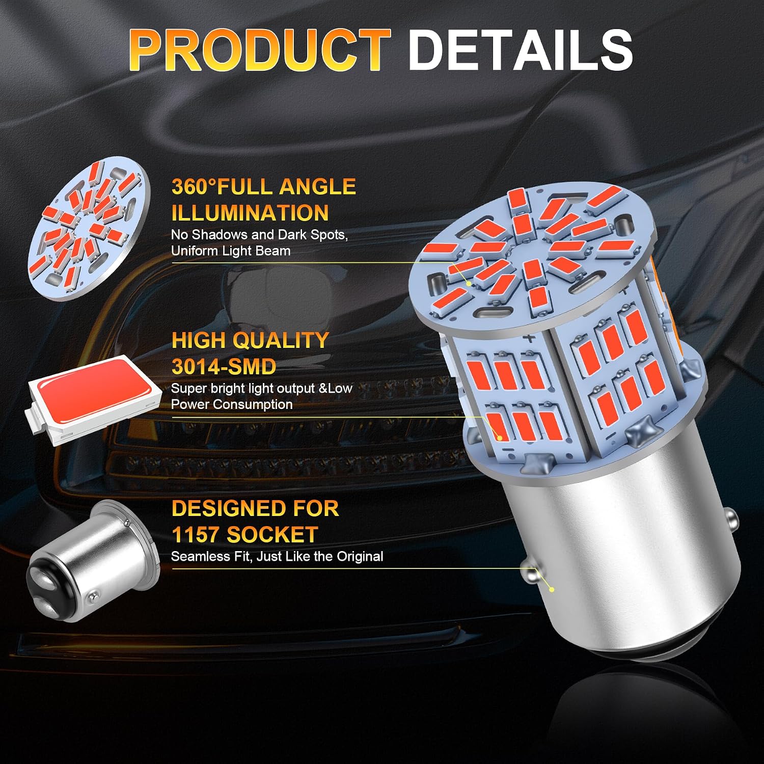 iFunyLED 4PCS 1157 LED Bulb Brake Tail Light 12V-24V Super Bright 2357 2057 7528 BAY15D LED Replacement Light Kit Set for Car Tail Brake Turn Signal Lights - Brilliant Red
