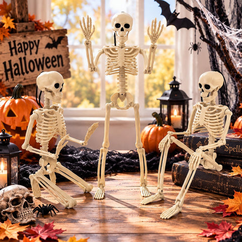 4 PCS 16'' Halloween Decor, Small Posable Plastic Skeletons Decorations