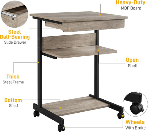 Topeakmart Gray Art Deco Desk, Rolling Computer Desk Cart with Drawer, Small Space Solution for Writing, Laptop, PC, 22 x 20.1 x 31.5 inches
