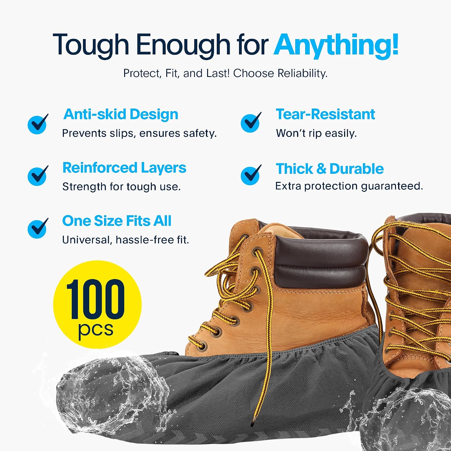 Premium Boot & Shoe Covers Disposable Booties - 100 Pack - Durable, Non-Slip, Non-Toxic, Water Resistant, Recyclable Protectors for Indoor & Outdoor - Large Size Fits Most Shoes