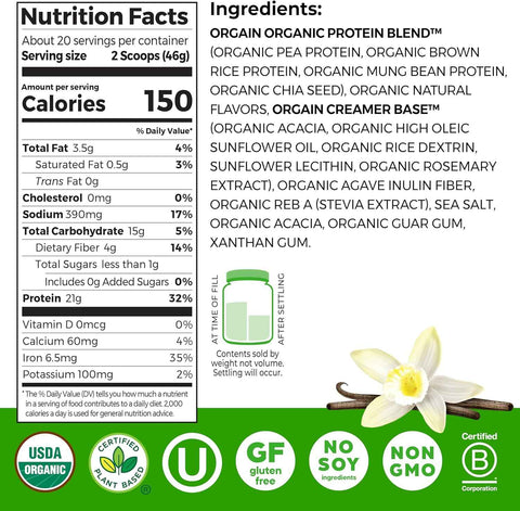 Orgain Organic Vegan 21g Protein Powder, Vanilla Bean, 2.03 lb | Plant based protein, 4g prebiotic fiber, no added sugar or lactose, non-GMO, for shakes & smoothies