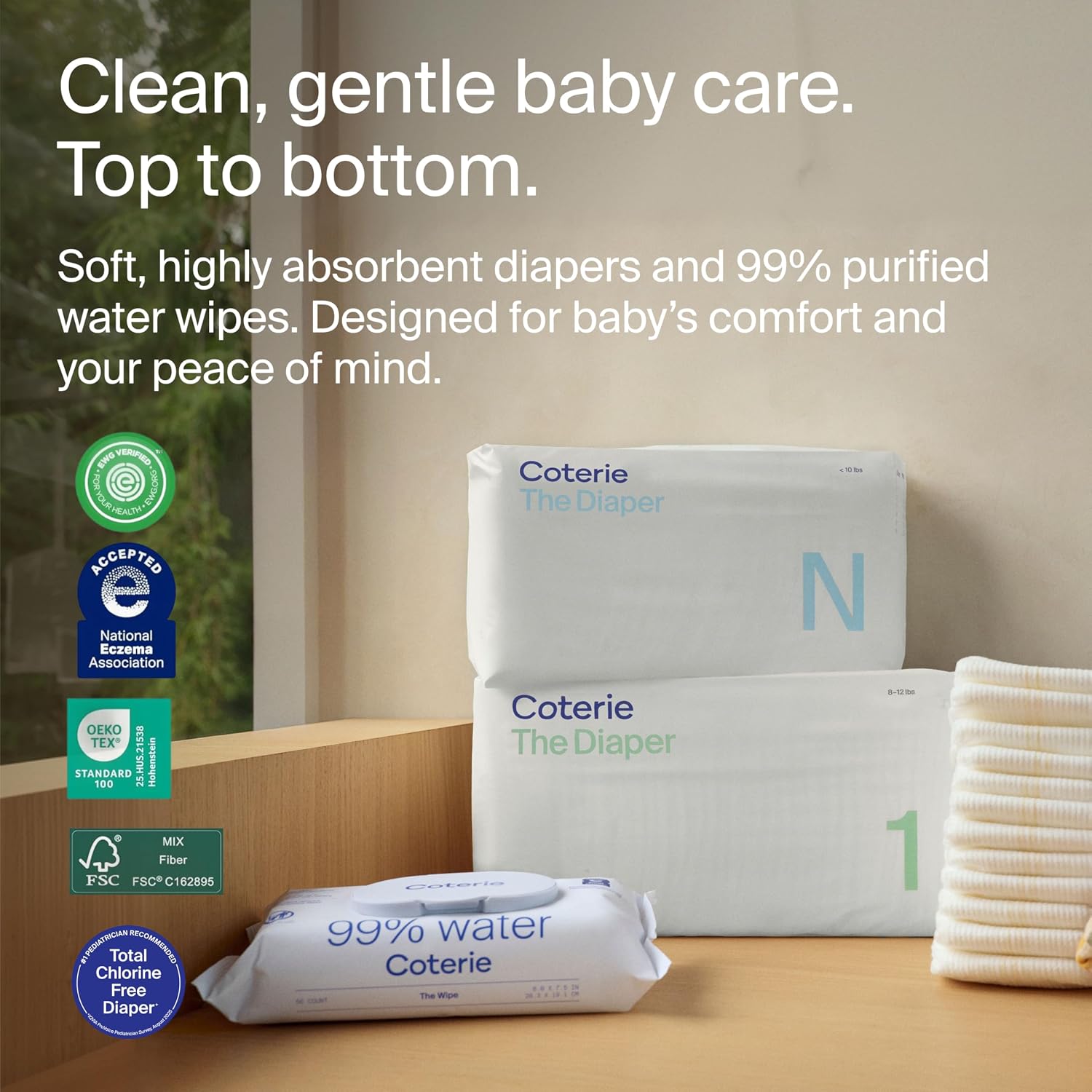 Coterie Baby Wipes + Diapers Kit, Size 1 & Size 2 Diapers, 4-Pack Wipes