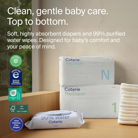 Coterie Baby Wipes + Diapers Kit, Size 1 & Size 2 Diapers, 4-Pack Wipes