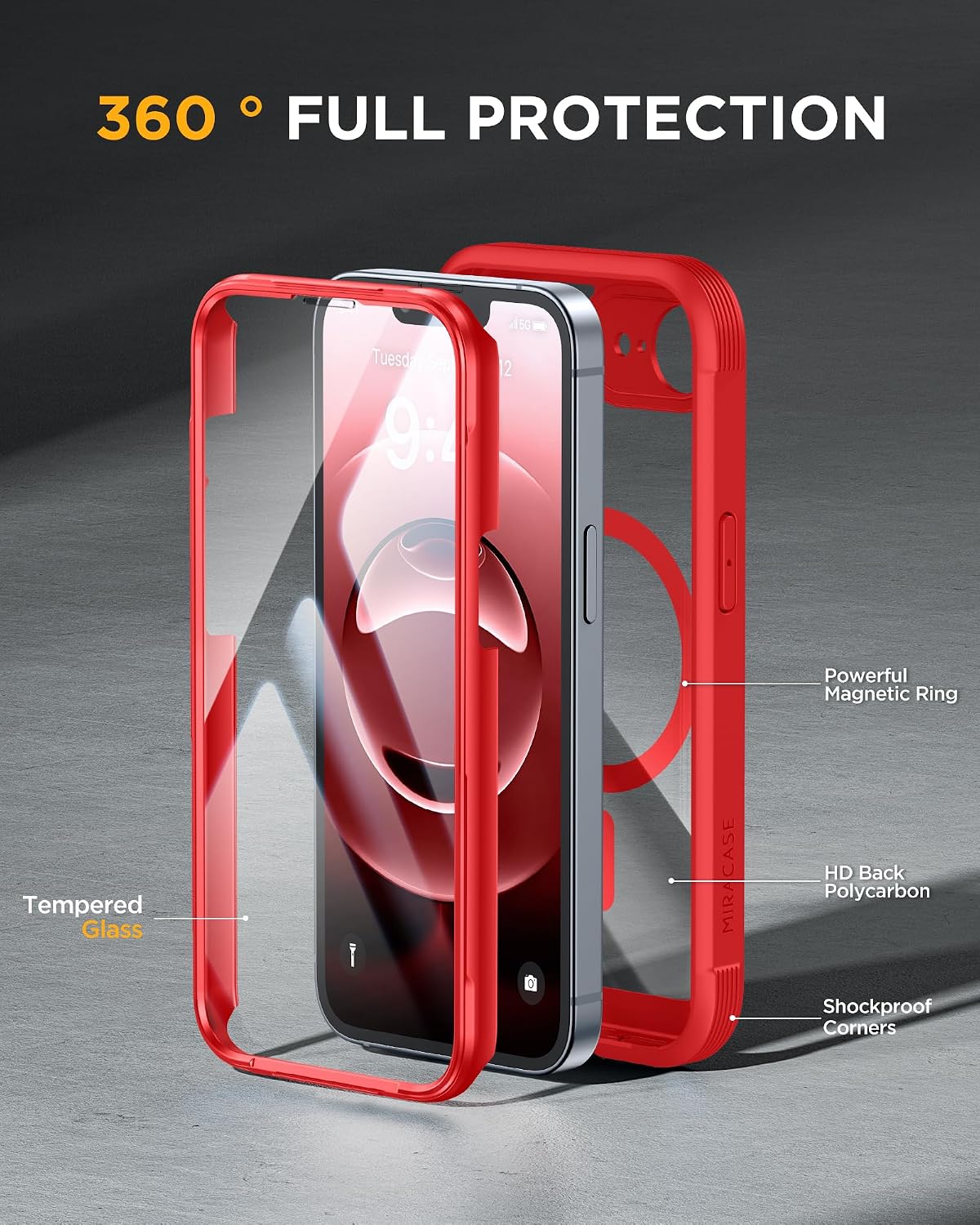 Miracase for iPhone 16e & 17e Case with Built-in Screen Protector, Red