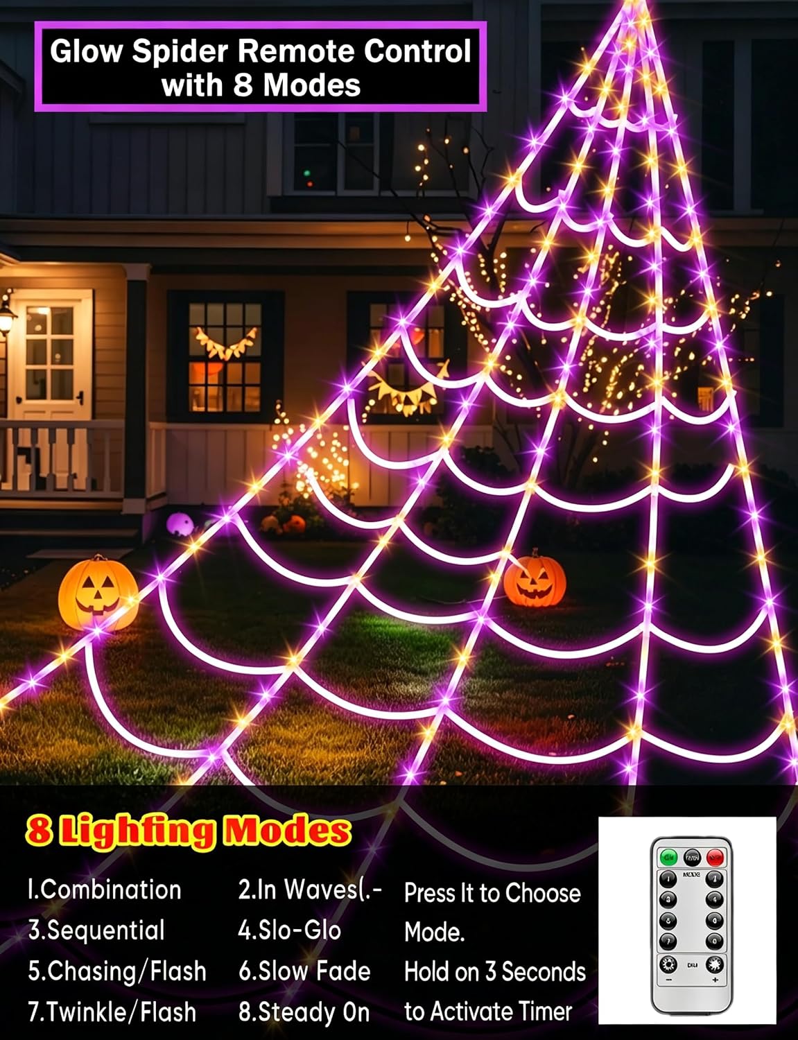 Spider Webs Halloween Decorations Lights - 250 LEDs Outdoor Halloween String Lights,8 Modes Remote Control 16.4Ft Spiderweb,Waterproof (Orange+Purple)