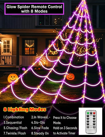 Spider Webs Halloween Decorations Lights - 250 LEDs Outdoor Halloween String Lights,8 Modes Remote Control 16.4Ft Spiderweb,Waterproof (Orange+Purple)