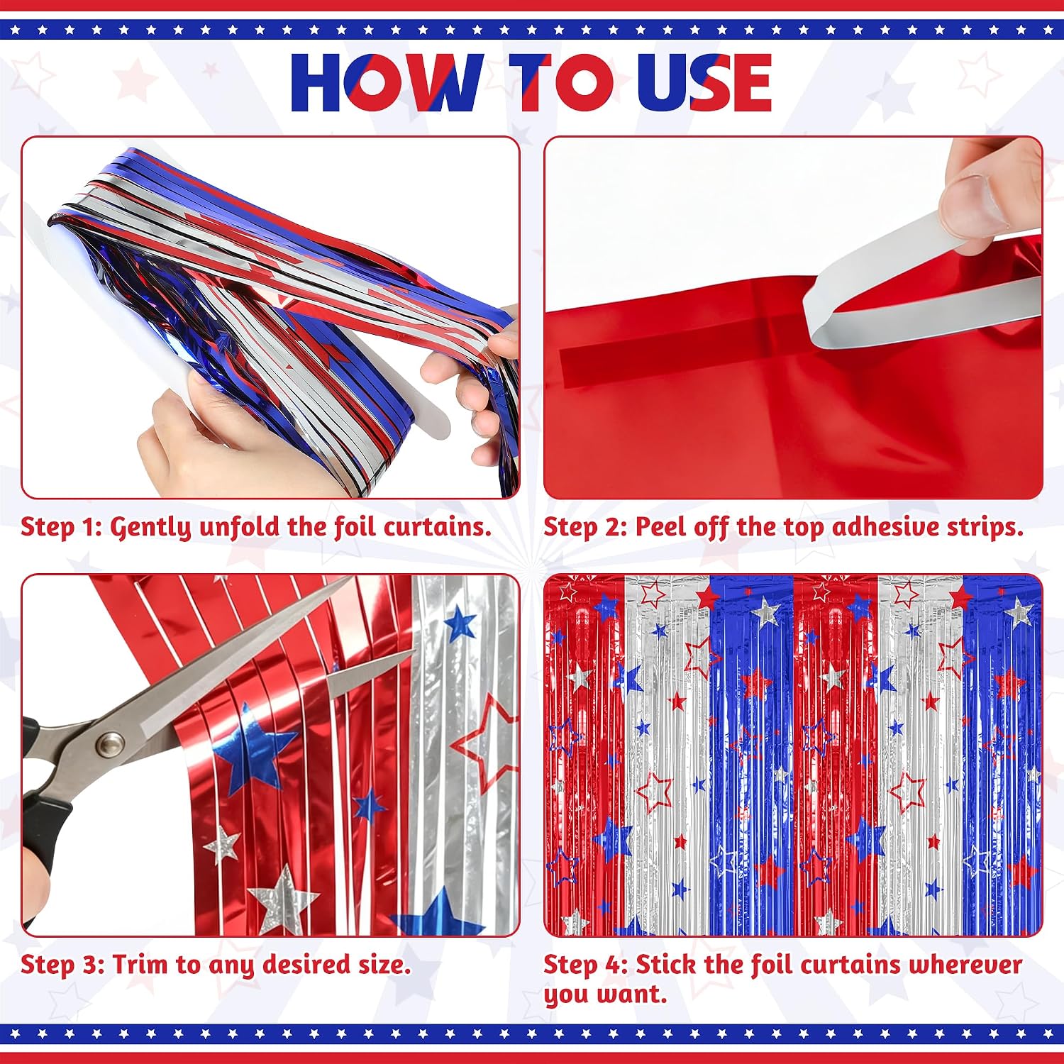 ZATAYE 2 Pack Red Silver Blue Foil Curtain Streamer Decorations