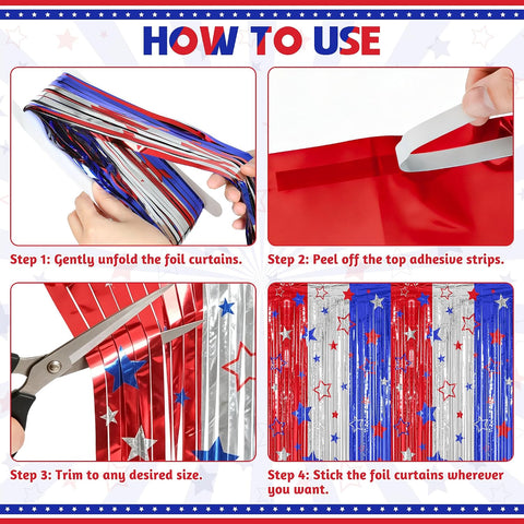 ZATAYE 2 Pack Red Silver Blue Foil Curtain Streamer Decorations