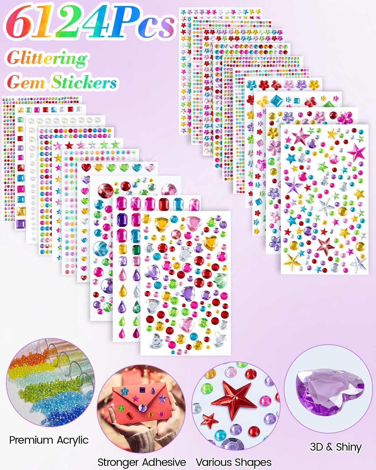 6124Pcs Gem Stickers-Self-Adhesive Face Jewelry Stickers, Acrylic Gems DIY Crafts, Sparkling Heart-Shaped Rhinestone for Kids, for Party & Holiday Supplies
