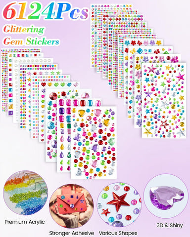 6124Pcs Gem Stickers-Self-Adhesive Face Jewelry Stickers, Acrylic Gems DIY Crafts, Sparkling Heart-Shaped Rhinestone for Kids, for Party & Holiday Supplies