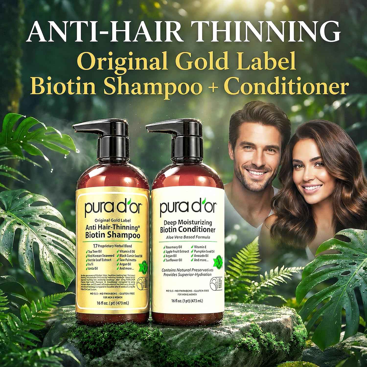 PURA D'OR Gold Label Anti-Thinning Biotin Shampoo & Conditioner, 16oz x2 | Thicker-Looking Hair, Clinically Tested, Botanical Extracts, Aloe Vera Base, Men & Women, Sulfate-Free, Natural Earthy Scent