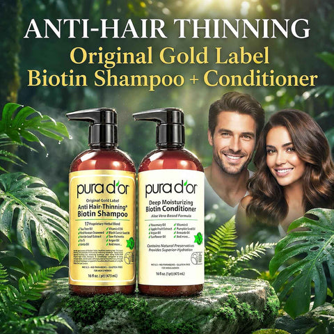 PURA D'OR Gold Label Anti-Thinning Biotin Shampoo & Conditioner, 16oz x2 | Thicker-Looking Hair, Clinically Tested, Botanical Extracts, Aloe Vera Base, Men & Women, Sulfate-Free, Natural Earthy Scent