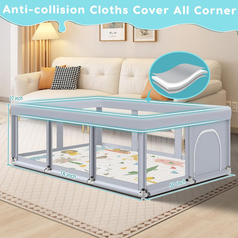 Fshibila 74" ×50" Large Baby Playpen, Baby Playard for Babies and Toddlers, Play Pens for Indoor & Outdoor, Sturdy Safety Play Yard with Soft Breathable Mesh, Anti-Fall, Grey (with MAT)