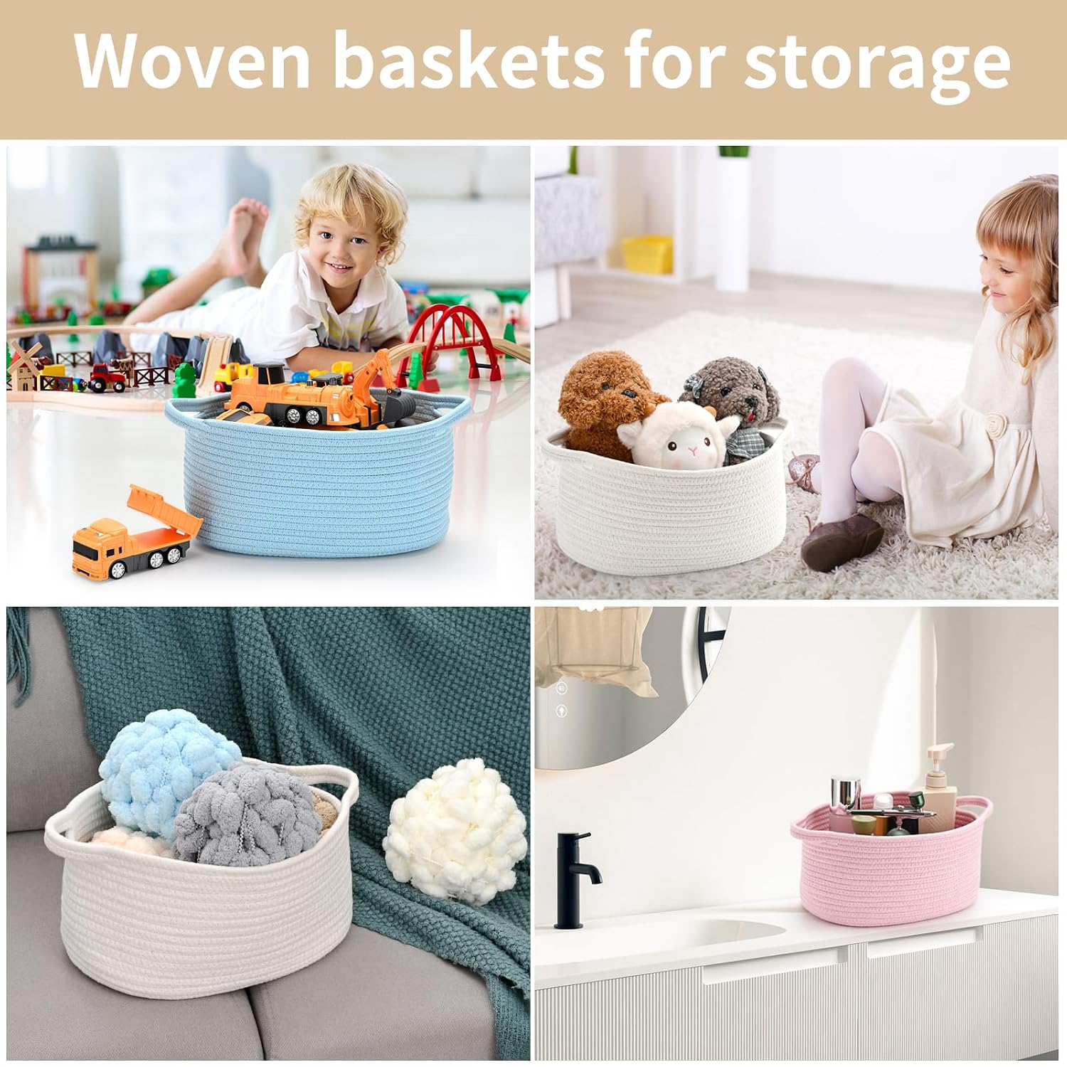 Happyiren Medium Woven Cotton Rope Basket, Empty DIY Gift Basket for Burr