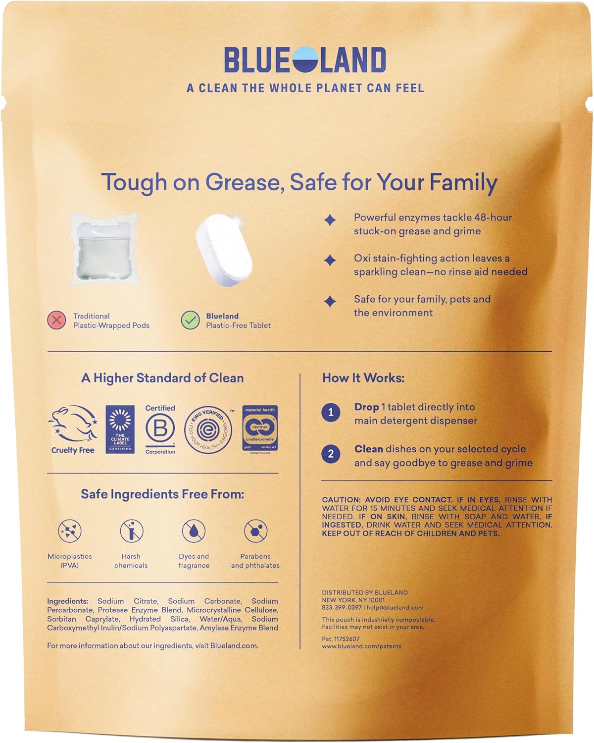 BLUELAND 100% Plastic-Free Dishwasher Detergent Tablets, 60ct, Free & Clear