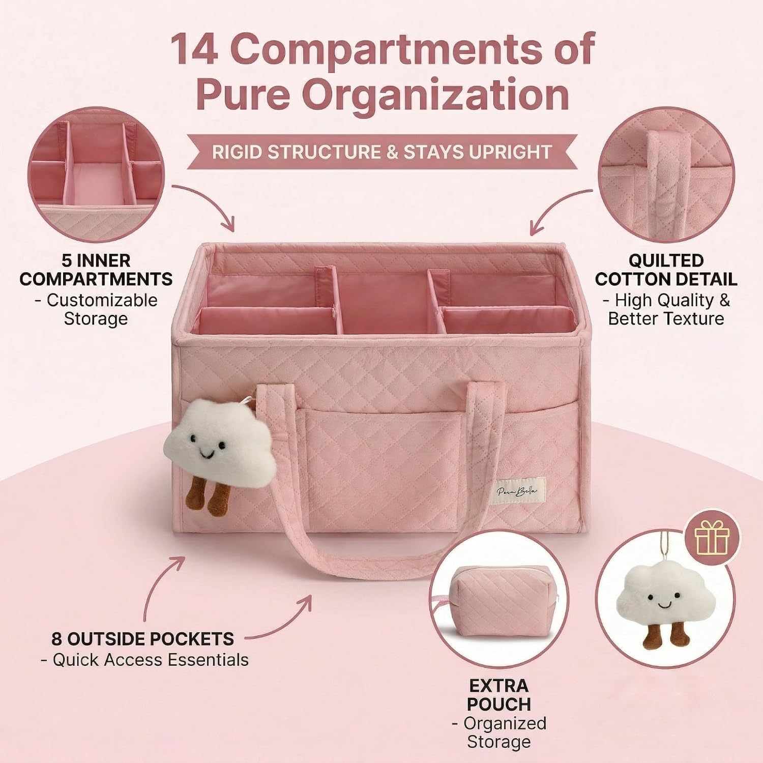 PeraBella Baby Diaper Caddy Organizer, Baby Basket Shower Gift, Portable Changing Table Basket, Postpartum Caddy & Tote Bag Pouch, Newborn Boy & Girl Nursery Essentials Registry, Car Diaper Organizer