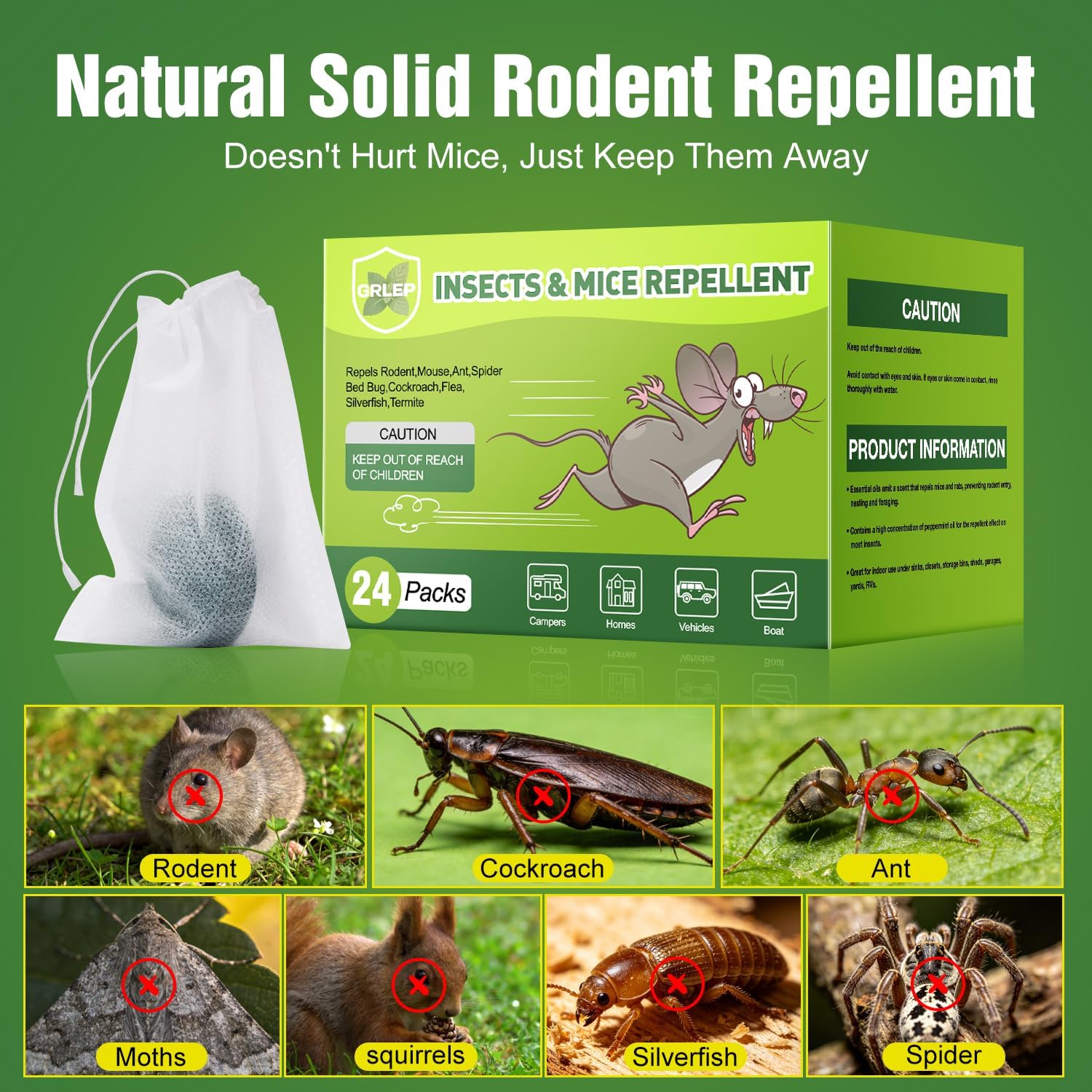 24 Packs Mice Repellent Rodent Repeller, Natural Peppermint Oil Pest Control for Rodent Rat Roach Ant Squirrel, Indoor Mouse Deterrent, Pet & Family Safe Alternative to Traps Mothballs & Poison