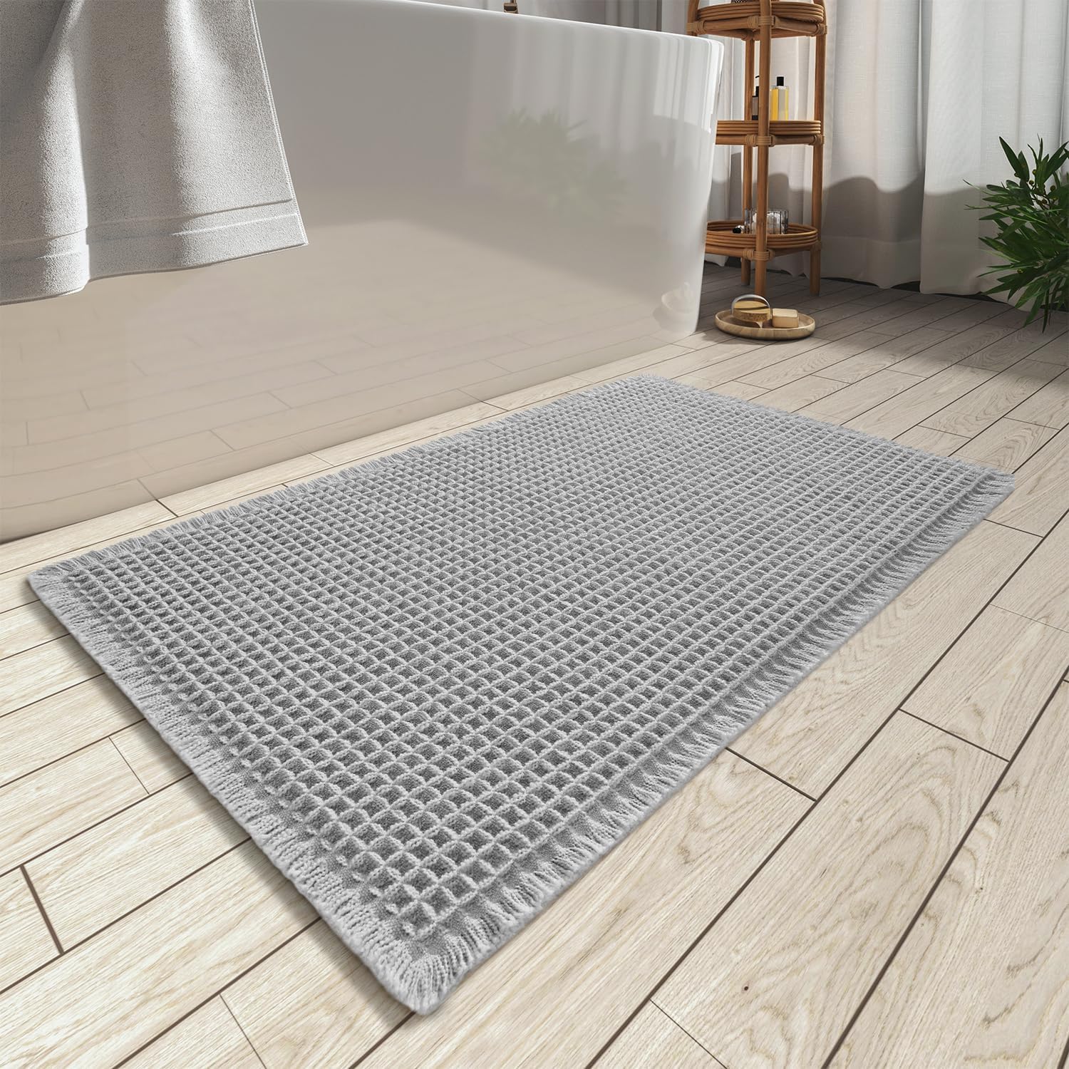 AMOAMI Upgraded Non Slip Absorbent Waffle Bath Mat 17" x 24", Light Grey