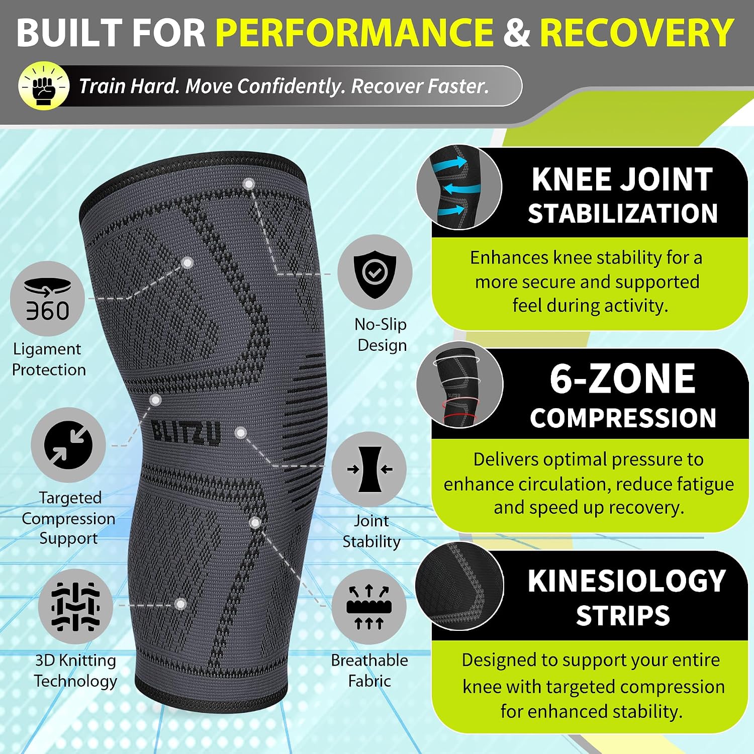 Knee Brace Men & Women, Knee Compression Sleeve Support Wrap Tendonitis XL