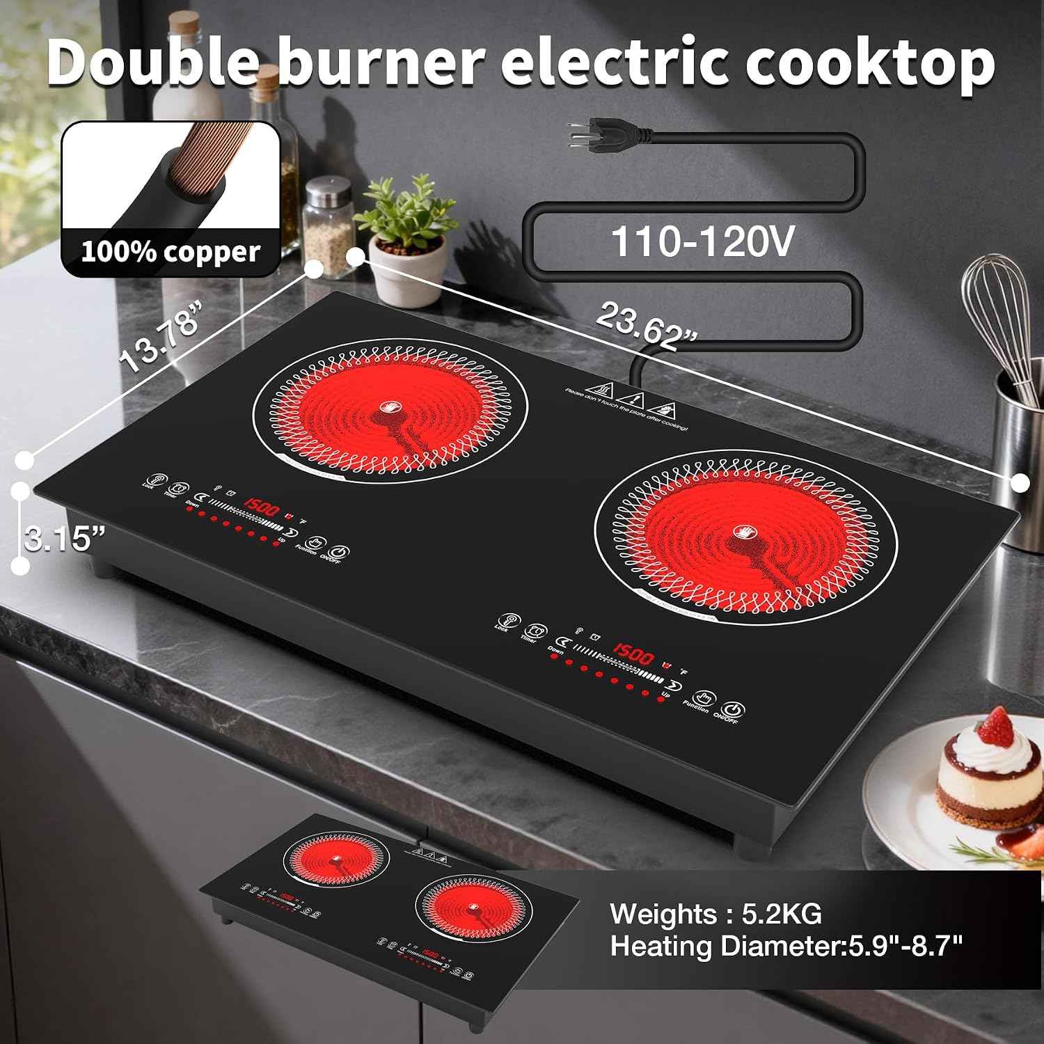 VBGK 24 Inch Electric Cooktop,110V 3000W Electric Stove Top with LED touch Control,8 Power Levels, Kids Lock & 4H Timer,Overheat Protection stove, 2 burner cooktop